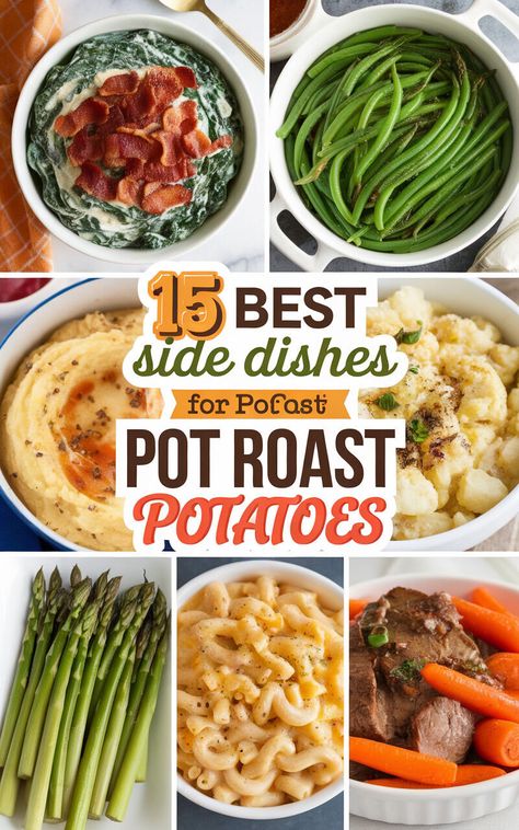 🤤😍 Discover the perfect side dishes to serve with your savory pot roast! #potroast #sidedishes #yum Sunday Roast Sides, Pot Roast Side Dishes Ideas, Side Dishes With Roast Beef, Roast Dinner Ideas Side Dishes, Roast Pork Dinner Sides, Sides For Pot Roast Dishes, Side Dishes With Roast, Side Dishes For Roast Pork, Sides With Roast Beef