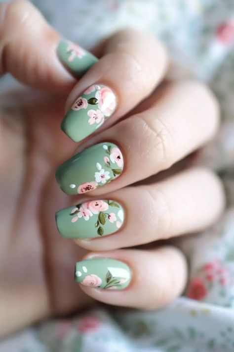 Sage Green and Pink Nails Sage Green And Pink Nails, Green And Pink Nails, Nail Inspo Ideas, Unique Acrylic Nail Designs, Lime Nails, Pastel Pink Nails, Turquoise Nails, Green Nail Designs, Floral Nail Designs