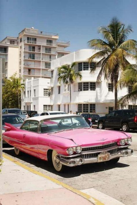 Miami/South Beach... old car, deco architecture.  Miami is  a bit more "kept up" while Havana is a bit more "decadent." Beach Inspiration, 1959 Cadillac, Bmw Classic Cars, Chevrolet Truck, Pink Cadillac, Cadillac Ats, Old Pink, Bmw Classic, 99 Problems