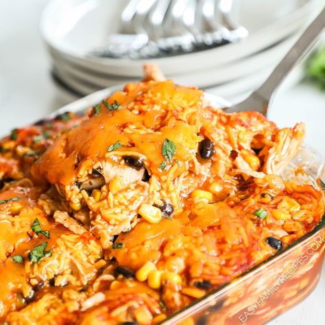 If you’re looking for an easy family dinner everyone will love, this Southwest Chicken Casserole delivers! With a short list of ingredients and only 30 minutes to make, it’s the perfect weeknight dinner. Shredded chicken, corn, black beans, and tortillas with enchilada sauce and cheddar cheese bake until bubbling and hot. Serve with salsa, pico de gallo, cilantro and more toppings for a full-on Southwest feast. Dinner Shredded Chicken, Southwest Chicken Casserole, Chicken Corn Casserole, Southwest Chicken Pasta, Chicken Pasta Casserole, Easy Family Dinner, Corn Chicken, Vegetarian Chicken, Chicken Corn