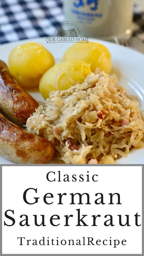 This sauerkraut recipe will be your new favorite! With a tad of sweetness it is the perfect side for all your roasts or sausages. Sourkrout Recipes, German Sauerkraut Recipe, Sourcrout Recipes, German Sauerkraut, Brownie Desserts Recipes, Sauerkraut Recipe, Oktoberfest Food, Dinner Recipes For Two, Fermented Cabbage