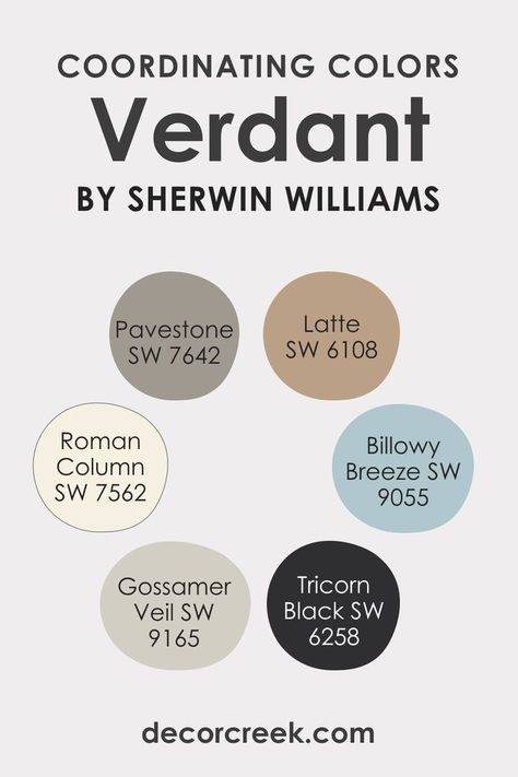 Coordinating Colors of SW 6713 Verdant  by Sherwin-Williams Sherwin Williams Latte, Gossamer Veil, Tricorn Black, Black Color Palette, Roman Columns, Paint Palette, Painting Wallpaper, Living Room Colors, Paint Colors For Home