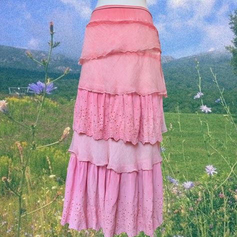 fairy princess maxi skirt ☽༓･*˚⁺‧͙ tiered ruffled... - Depop Y2k Tiered Skirt With Ruffles, Pink Ruffled Maxi Skirt, Y2k Ruffled Tiered Skirt, Spring Fairycore Ruffled Skirt, Little Top Big Pants, Pink Harajuku Ruffle Skirt, Skirt Tiered, Art Outfit, Bubble Gum Pink