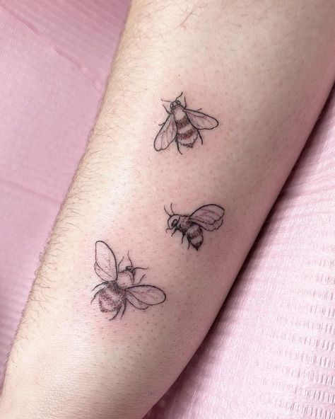 Bee Tattoo Utah Beehive Tattoo, Bee And Butterfly Tattoo Together, Side Bee Tattoo, Bee Tattoo On Arm, Mother Daughter Bee Tattoos, Three Bees Tattoo, 3 Bees Tattoo, Bee Tattoo Wrist, Fuzzy Bee Tattoo