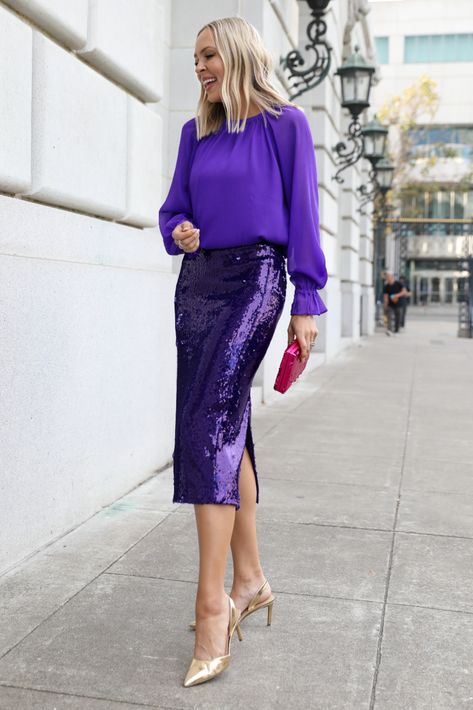 Purple Skirt Outfit, Purple Fashion Outfit, Skirts Collection, Sequin Skirt Outfit, Midi Outfits, Sequin Coats, Sparkle Outfit, Book Dress, Winter Palette