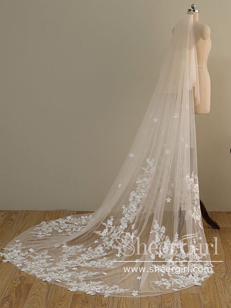 Ombre Champagne Floral Lace Ivory Cathedral Veil with Blusher Bridal Veil Wedding Veil ACC1193 Cathedral Veil With Blusher, Prom Dresses Lavender, Veil With Blusher, Red Mermaid Prom Dress, Lavender Prom Dresses, Prom Dress Trends, Veil Length, Navy Blue Prom Dresses, Mermaid Prom Dresses Lace