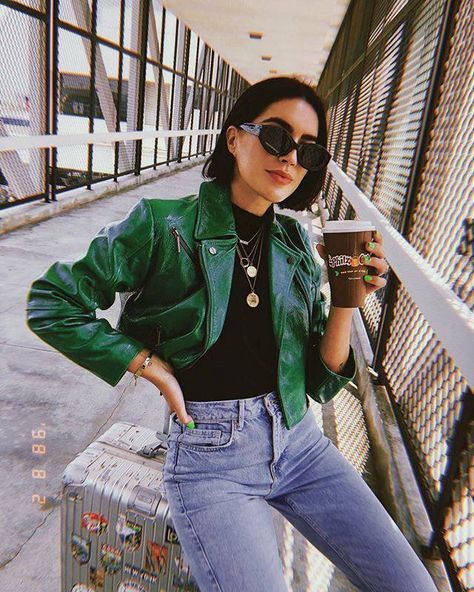 The Best Moto Jackets You Can Buy | Who What Wear Green Leather Jacket Outfit, Moto Jacket Outfit, Green Leather Jacket, Cool Outfit Ideas, Estilo Hipster, Looks Jeans, Tumblr Outfits, Outfit Trends, Wear Green