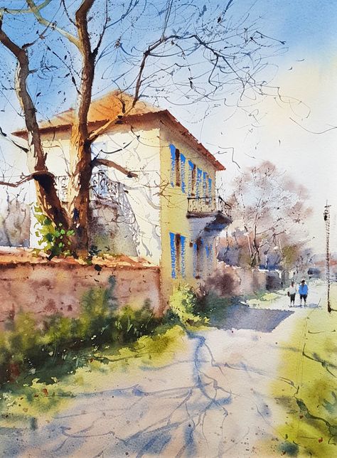 Painting Couple, Watercolor Scenery, Watercolor Art Landscape, Watercolor Paintings Nature, Couple Walking, Landscape Photography Nature, Landscape Art Painting, Watercolor Painting Techniques, 수채화 그림