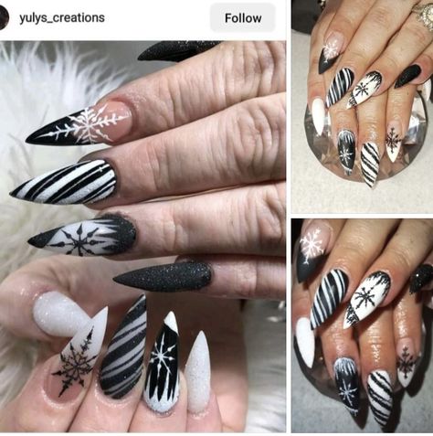 Gothic Thanksgiving Nails, Spooky Holiday Nails, Black And White Nails Christmas, Winter Almond Nail Designs, Black And White Xmas Nails, Edgy Holiday Nails, Tnbc Nails, Christmas Nails Black And Gold, Succubus Nails