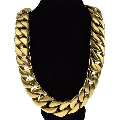 Stainless steel, super chunky, 30 mm wide, mens Cuban link chain necklace. High quality piece has a yellow gold finish over stamped stainless steel metal. Heavy and thick stainless steel chain necklace weighs over 900+ grams. Cuban chain necklace measures an incredible 30 mm wide x 28" inches long. Ultra strong, heavy duty clamp clasp to lock your chain necklace securely. Enjoy 100% FREE SHIPPING in the USA. Order now! Luxury Gold Cuban Link Chain Necklace, Big Gold Chains For Men, Gold Cuban Link Chain Necklace In Stainless Steel, Big Gold Chains, Luxury Gold-plated Cuban Link Necklace, Luxury Men’s Cuban Link Necklace With Curb Chain, Luxury Tarnish-resistant Cuban Link Necklace For Men, Gold Chain Hip Hop, Mens Gold Chain Necklace