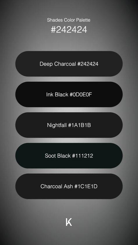 · Deep Charcoal #242424: An elegant and subtle night sky whisper that embraces shadows and invites the warmth of the light. ·  #AshVelvet #CharcoalVelvet #Color #ColorPalette #DeepCharcoal #Hex · Kid’s Pattern Charcoal Color Palette, Comp Sci, Charcoal Colour, Colour Pallets, Hex Color Palette, Model Paint, Color Codes, Hex Colors, Colour Palettes