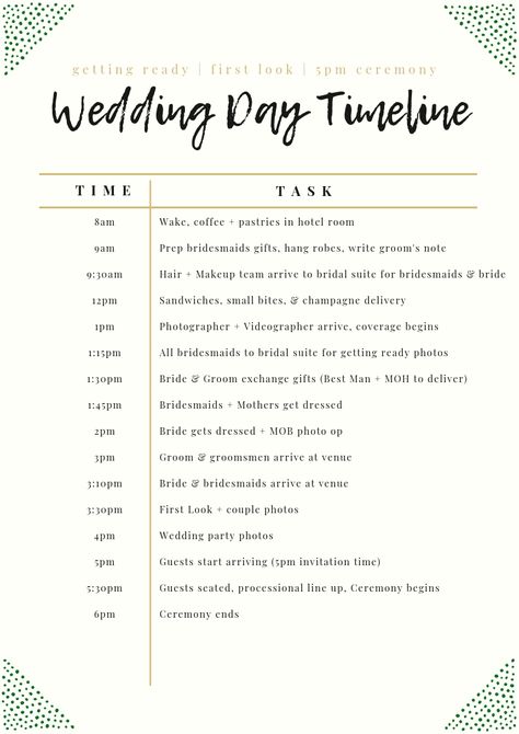 6pm Ceremony Timeline, 530 Wedding Timeline, Wedding Day Timeline First Look, Wedding Coordinator Timeline, Day Of Wedding Timeline 6pm Ceremony, Wedding Vendor Timeline, What To Do At Wedding Reception, Informal Wedding Ceremony, Day Of Wedding Timeline 2:00 Ceremony