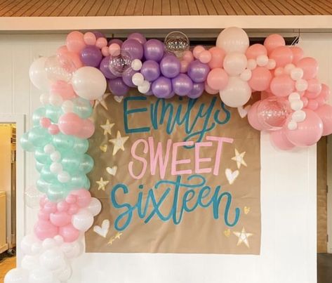 Sweet 16 Banner Ideas, Sweet 16 Banner, Halloween Treat Baskets, Painted Banners, Painted Banner, Birthday Signs, Painted Backdrops, Treat Basket, Birthday Basket