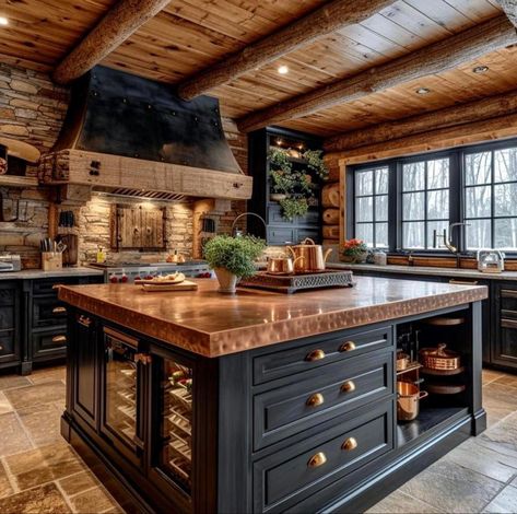 Copper Kitchen Island Black Wood And Copper Kitchen, Bold Kitchen Island, Lodge Style Kitchen, Barndominium Kitchen Ideas, Barndo Kitchen, Copper Kitchen Island, Big Kitchen Island, Barndominium Kitchen, Grim Hollow