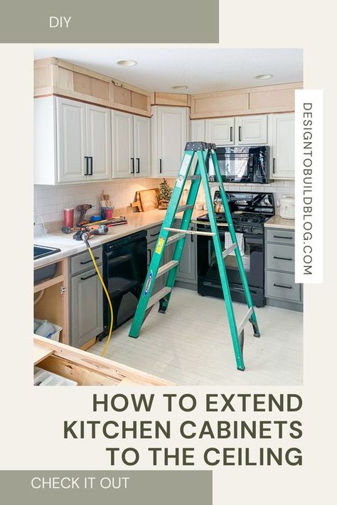 Learn how to extend your kitchen cabinets to the ceiling. Upgrade your kitchen with this easy to follow tutorial. DIY this project for a more modern look. Extend Kitchen Cupboards To Ceiling, Diy Extend Kitchen Cabinets To Ceiling, Kitchen Cabinets At Different Heights, Extending Kitchen Cabinets To The Ceiling, Cabinets Dont Go To Ceiling, How To Enclose The Space Above Kitchen Cabinets, Kitchen Cabinet Ceiling Trim, Diy Cabinets To Ceiling, Kitchen Cabinets Different Heights