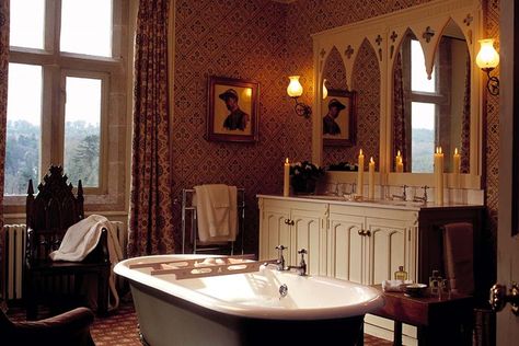 Lismore Castle, Ireland.    "800 year old Lismore Castle. most recently renovated in the 21st Century." Victorian Homes Interior Bathroom, Hogwarts Bathroom, Dark Academia Bathroom, Old English Manor, Autumn Court, Goth House, Manor Interior, Royal Bathroom, Chic Apartment