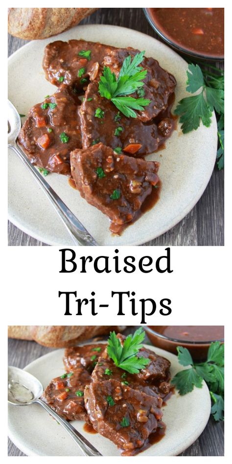 Braised Tri-Tips Recipe is a savory recipe loved for generations! by cookingwithruthie.com Tri Tip In Dutch Oven, Braised Tri Tip Roast, Tri Tip Meals, Tri Tip Recipes Oven, Tri Tip Recipes, Tri Tip Recipe, Tri Tip Steak Recipes, Ceramic Dutch Oven, Braising Recipes