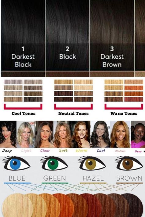 choose hair color Black Hair Neutral Skin Tone, Right Hair Color For Skin Tone, Hair Color And Skin Tone Charts, Neutral Undertones Hair Color, Hair Color For Different Skin Tones, Skin Color Hair Color Chart, Haircolor Ideas For Neutral Skin, Best Hair Colours For Blue Eyes, Hair Color To Match Skin Tone