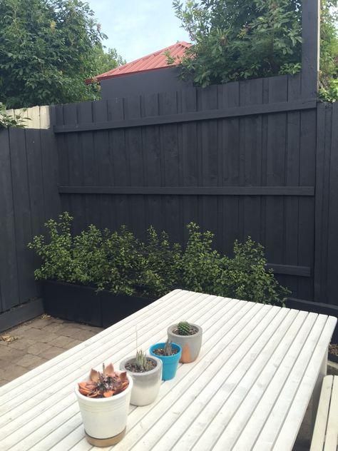 Dulux Domino fence Black Fence Paint, Fence Makeover, Black Garden Fence, Fence Paint Colours, Black Fence, Fence Screening, Black Garden, Fence Paint, Front Patio