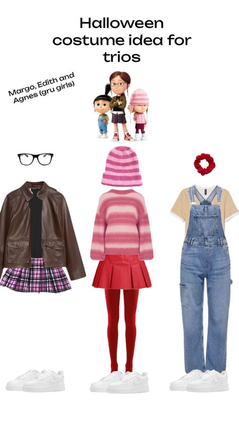 Halloween costume idea for trios, Margo, Edith and Agnes (gru girls) Agnes Costume, Gru Costume, Despicable Me Costume, Agnes Despicable Me, Girl Group Costume, Cute Group Halloween Costumes, Trio Halloween Costumes, Halloween Costume Idea, Hallowen Costume