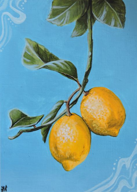 Lemon Tree Painting Easy, Lemon Tree Painting Acrylic, Acrylic Painting Lemon, Lemon Acrylic Paintings, Lemon Painting Acrylic Easy, Lemon Tree Drawing, Lemon Canvas Painting, Fruit Painting Acrylic, Lemon Tree Painting