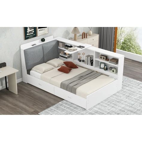 Lark Manor™ Wood Twin Size platform bed with Storage Headboard, Shelves and 2 Drawers - Wayfair Canada Bed Stand Design, Twin Beds With Storage, Twin Bed With Storage, Headboard Shelves, Upholstered Bed With Storage, Bed With Storage Headboard, Headboard With Shelves, Bed Stand, Full Size Platform Bed