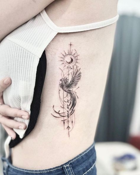 Eternal Flame Tattoo, Simple Phoenix Tattoo Feminine, Phoenix Tattoo Feminine, Small Phoenix Tattoos, Floral Thigh Tattoos, Tattoos Infinity, Phoenix Tattoo Design, Flame Tattoos, Buddha Tattoo