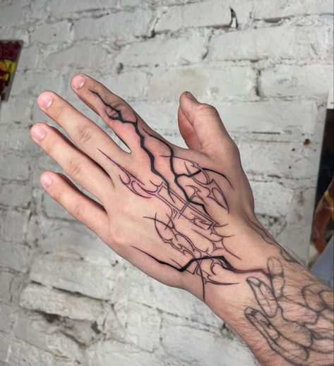 hand tattoo by (@/olyaglotova) on ig Tech Hand Tattoo, Intricate Hand Tattoo, Neotribal Tattoo Design Hand, Large Hand Tattoo, Greek Hand Tattoo, Neotribal Hand Tattoo, Freehand Tattoo Ideas, Abstract Hand Tattoo, Anime Hand Tattoo