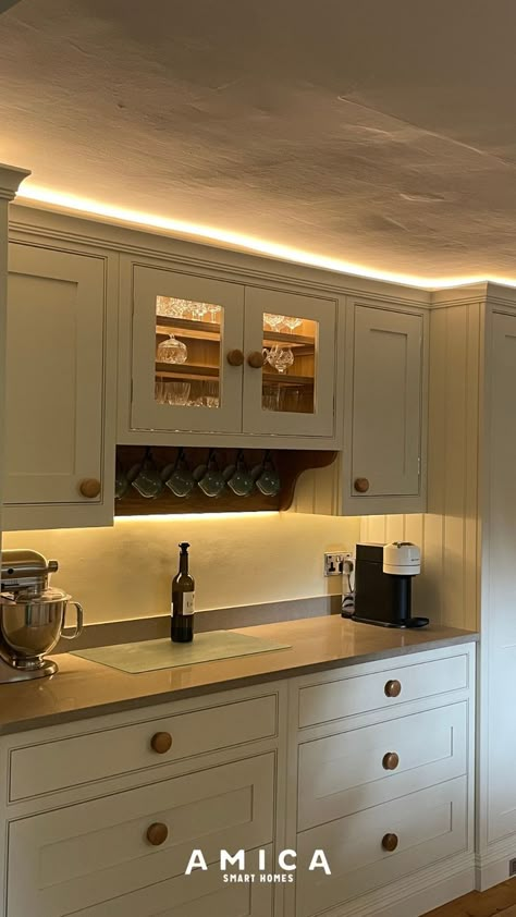 LED strip lighting above kitchen cabinets Lights Above Kitchen Cabinets, Kitchen Cabinets Lighting, Above Kitchen Cabinets Ideas, Decorating Above Kitchen Cabinets Ideas, Aesthetic Cabin, Above Cabinet Decor, Kitchen Cabinet Storage Solutions, Decor Above Kitchen Cabinets, Kitchen Cabinets Decor Ideas