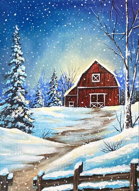 Winter Themed Paintings, Winter House Painting, Snow Painting Acrylic Winter Scenes, Christmas Scenery Paintings, Painting Ideas Winter, Winter Barn Painting, Winter Cabin Painting, Christmas Landscape Painting, Winter Scenes To Paint