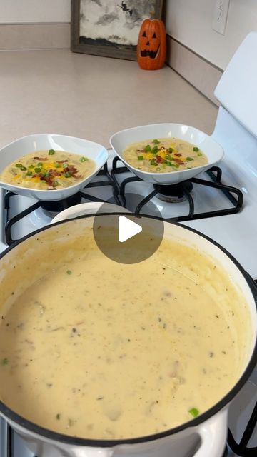 Hayleigh Luttmers on Instagram: "Happy September🍁 it’s officially fall in our house🤭 loaded baked potato soup for dinner to kick off cozy meals and soup season!   Loaded Baked Potato Soup Recipe   Ingredients: 1/2 pack bacon  1/2 cup butter 1 onion  3 stalks celery  Whites from 2 green onions  Minced garlic  1/2 cup flour  3 cups of water/or chicken broth  2 cups of milk  Season to taste- I used onion powder, garlic powder, celery salt, pepper, paprika, & chicken bouillon  4 large Yukon gold potatoes  1 cup heavy cream  8oz shredded cheddar cheese   #fall #autumn #potatosoup #loadedpotatosoup #soup #soupseason #comfortfood #Dinnerldeas #dinnerrecipe #food #Foodie #yum #yummy #typ #souprecipe #EasyRecipe #Recipe #dinner #easydinner #onepotmeals #crockpot #crockpotmeals #falldinner #falldi Leftover Mashed Potato Recipes Soups, Breakfast Soup Mornings, Potato Soup Recipe Stovetop, Chicken And Potatoes Soup, Potatoe Soup Recipe Best, Cream Of Potato Soup Recipes, Yukon Gold Potato Soup, Thick Soup Recipes, Potato Soup Video