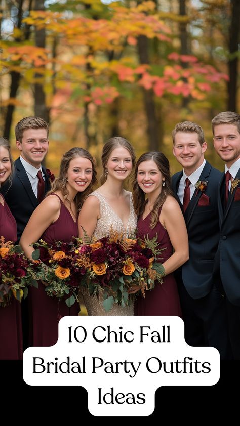 Bridal party in burgundy dresses with gold accents, complemented by groomsmen in matching burgundy ties and gold cufflinks, standing against a backdrop of fall foliage. Autumn Wedding Bridal Party, Wedding Party Clothing Ideas, Bridal Party Outfit Ideas, Fall Wedding Bridal Party Attire, Cabernet Bridal Party, Fall Bridal Party Colors, Fall Bridal Party Attire, Maroon Bridal Party, Fall Wedding Party Attire