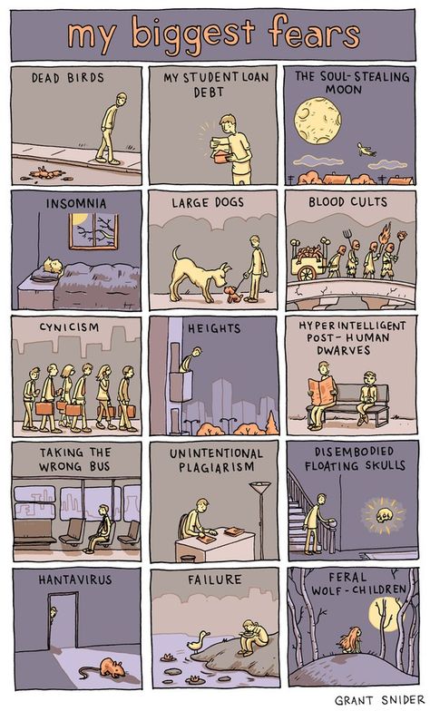 15 Fears for the Scaredy Cat in All of Us Fears List, Grant Snider, Common Fears, Wolf Children, Post Human, Life Comics, Stream Of Consciousness, Visual Culture, Biggest Fears