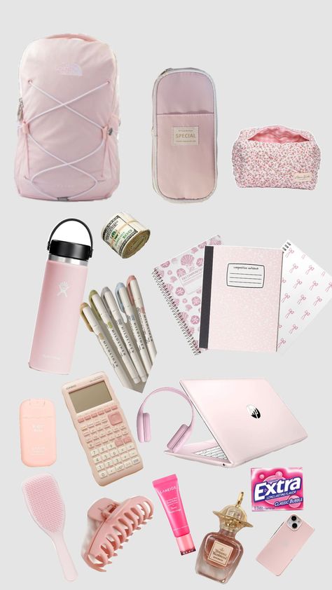 #pink #school #essentials #schoolessentials Stuff To Put In Your Backpack, College Essentials Supplies School Stuff, Bookbag Essentials, College Essentials Supplies, Pink School Bag, School Bag Organization, Pink School Bags, School Girly, School Necessities