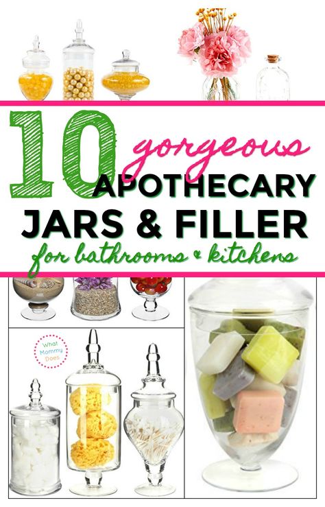 Look no futher for GORGEOUS APOTHECARY JARS! Here are the types of jars you can get + a good list of apothecary jar filler ideas for your kitchen counter and bathroom. Bar Soap Display Bathroom Glass Jars, Apothecary Jar Gift Ideas, Apothecary Jar Ideas Kitchen, Small Apothecary Jars, Apothecary Jars Decor What To Put In, Apothecary Jars Decor Kitchen, Large Apothecary Jars Decor, Large Glass Jar Decor, Bathroom Jars Ideas