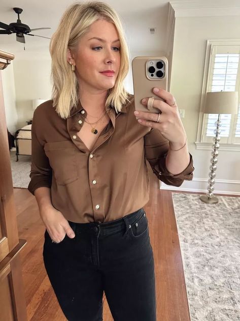 Satin Button Down Shirt Outfit, Winter Outfit 2022, Satin Shirt Outfit, Autumn Shirt Outfit, Button Down Outfit, The Small Things Blog, Satin Button Down Shirt, Small Things Blog, Outfit 2022