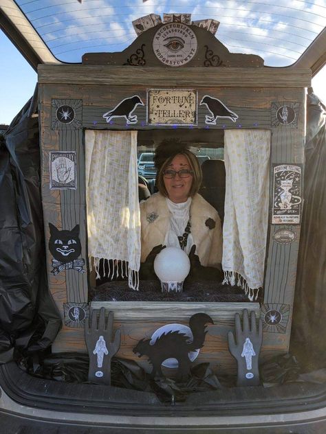 Trunk Or Treat Psychic Palm Reader Palm Reader Costume, Practical Magic Trunk Or Treat, Psychic Trunk Or Treat, Vampire Trunk Or Treat, Psychic Halloween Decor, Witch Themed Trunk Or Treat, Fortune Teller Trunk Or Treat, Witch Trunk Or Treat Ideas, Harry Potter Trunk Or Treat