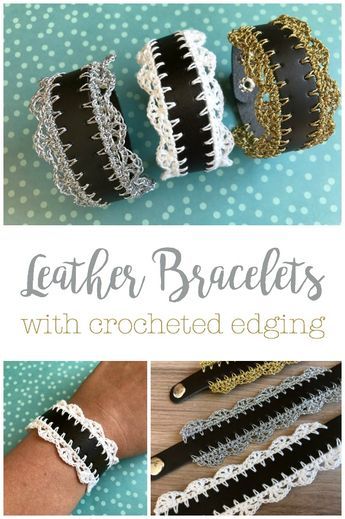 Leather Bracelet with Crocheted Edging, add a simple lacy crochet border to a premade leather bracelet Crochet And Leather Ideas, Leather Lace Bracelet, Belt Bracelets, Leather And Crochet, Crocheted Edging, Crochet Edging Pattern, Crochet Workshop, Lacy Crochet, Crochet Edgings