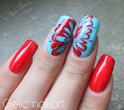 Gelic' nail art: 31DC2015 - Day 20; Floral watermarble in baby blue and red Turquoise And Red Nails, Red And Baby Blue Nails, Red And Light Blue Nails, Red And Turquoise Nails, Blue Red Nails, Red And Blue Nails Design, Sky Blue Nails, Blue Nail Art Designs, Red Nail Art