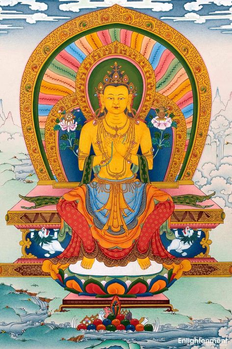 Maitreya, in Buddhist tradition, the future Buddha, presently a bodhisattva residing in the Tushita heaven, who will descend to earth to preach anew the dharma (“law”) when the teachings of Gautama Buddha have completely decayed. Maitreya is the earliest Bodhisattva around whom a cult developed and is mentioned in scriptures from the 3rd century CE. He was accepted by all schools of Buddhism and is still the only bodhisattva generally honored by the Theravada tradition. Buddhist Art Drawing, Mahayana Buddhism, Buddhist Traditions, Gautama Buddha, Maitreya Buddha, Tibetan Buddhism, Buddha Art, Buddhist Art, Traditional Paintings