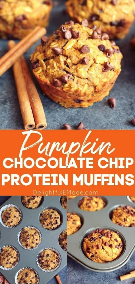 The perfect recipe for healthy pumpkin muffins that happens to taste amazing! These delicious Pumpkin Protein Muffins are loaded with protein and fiber, making them a great choice as a quick breakfast or healthy snack. || Delightful E Made Chocolate Chip Protein Muffins, Pumpkin Protein Muffins, Protein Muffin Recipes, Macro Recipes, Pumpkin Protein, Protein Baking, Pumpkin Chocolate Chip Muffins, Pumpkin Chocolate Chip, Protein Muffins