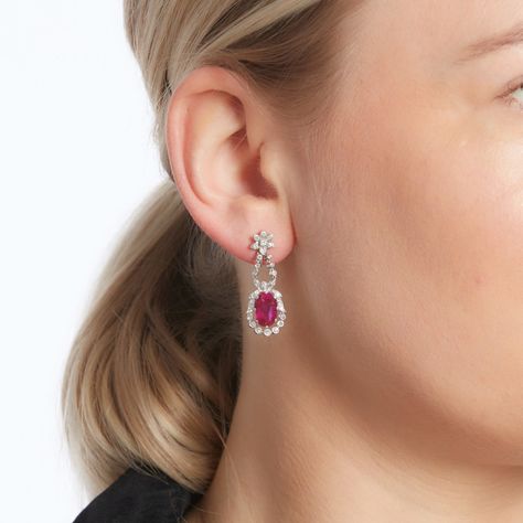 Pair of ruby and diamond earrings | Fine Jewels2021 | Sotheby's Small Diamond Hanging Earrings, Diamond Carat Size Chart, Diamond Hanging Earrings, Ruby And Diamond Earrings, Diamond Carat Size, Diamond Bracelet Design, Fancy Design, Gem Earrings, Ruby Beads