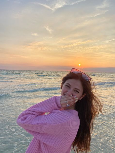 #beach #pose #sweater #springbreak #sunset #ocean #pink #nails #rings #pose #smile #shy #happy #hair #sunglasses Shy Picture Pose, Pool Aesthetics, Shy Poses, Shy Pose, Nails Rings, Pool Poses, Sunset Ocean, Sitting Poses, Insta Pics