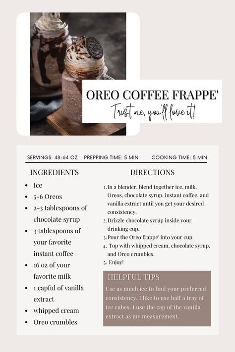 Oreo Frappe Recipe, Starbucks Frappe Recipe, Oreo Frappe, Oreo Coffee, Coffee Maker Recipes, Oreo Frappuccino, Coffee Frappe, Fun Drink Recipe, Frappe Recipe