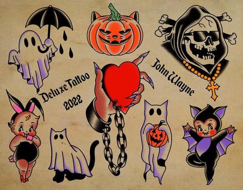 Traditional Tattoo Halloween, Halloween Tattoo Flash, 11 Tattoo, Traditional Tattoo Flash Sheets, Autumn Tattoo, Traditional Style Tattoo, Theme Tattoo, Art Pretty, Inspiration Tattoo