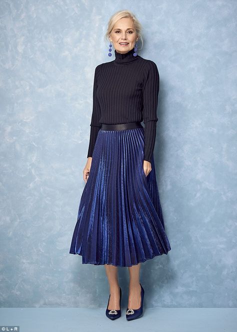 Blue Skirt Outfit Winter, Navy Blue Satin Skirt Outfit, Navy Pleated Skirt Outfit, Navy Blue Satin Skirt, Blue Satin Skirt, Blue Skirt Outfits, Navy Pleated Skirt, Satin Skirt Outfit, Pleated Skirt Outfit