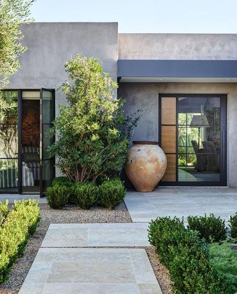 Exterior Breezeway Ideas, Guest House Landscaping, Dark Stucco Exterior House Modern, Stone Mediterranean House, Paul Schumacher Homes, Potted Agave Garden Design, Landscape Modern Design, Minimal Natural Interior, Modern Front Porch Design Ideas