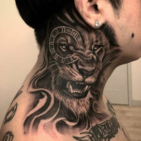 Want to get a lion tattoo but don’t know which design to choose? We gathered for you the 63 best lion tattoos for men and their meanings! Throat Tattoo Ideas, Owl Neck Tattoo, Side Neck Tattoo For Guys, Chest Neck Tattoo, Front Neck Tattoo, Full Neck Tattoos, Best Neck Tattoos, Side Neck Tattoo, Wolf Tattoo Sleeve