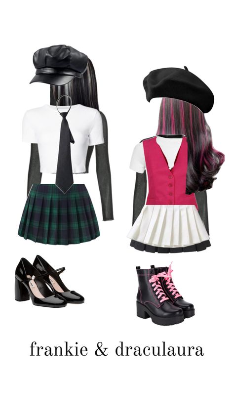 monster high Halloween costumes Cute Black Halloween Costumes, Monster High Halloween Costumes Duo, Monster High Duo Costume, Scary Movies Costumes, Schoolgirloutfit Halloween, Frankie Monster High Costume, Halloween Costumes Monster High, Monster High Outfit Inspiration, Clawdeen Costume