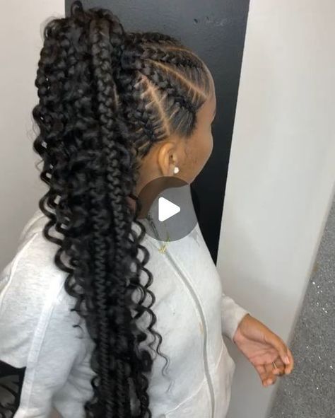 Stitch Braid Ponytail With Curls, Feed In Ponytail Braids With Curls, Pony Braids For Black Women, 2 Feedin Braids With Curly Hair, Feed In Braids With Curly Ends, Two Feed In Braids With Curly Ends, Double Cornrow Braids, Stitch Braids Ponytail With Curls, Medium Feed In Braids Ponytail